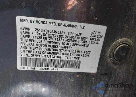 2018 Honda Pilot Lx из США, поврежденный, VIN 5FNYF5H17JB033169